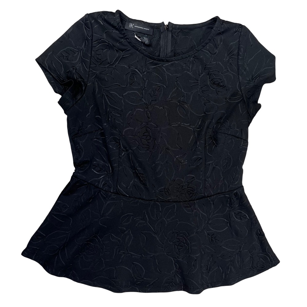 INC International Concepts Black Textured Peplum Blouse Sz Medium Office Casual